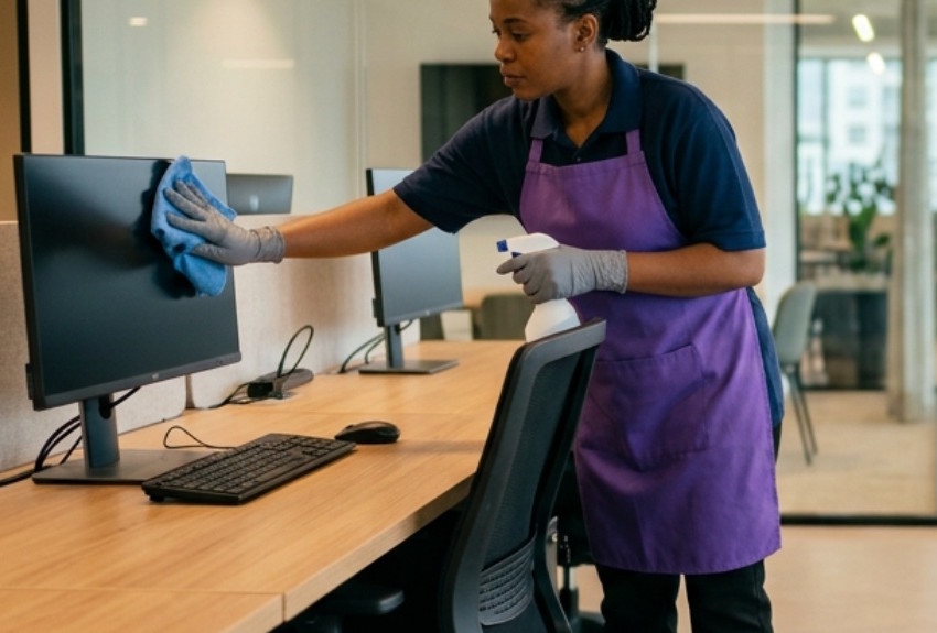 Office cleaner at work